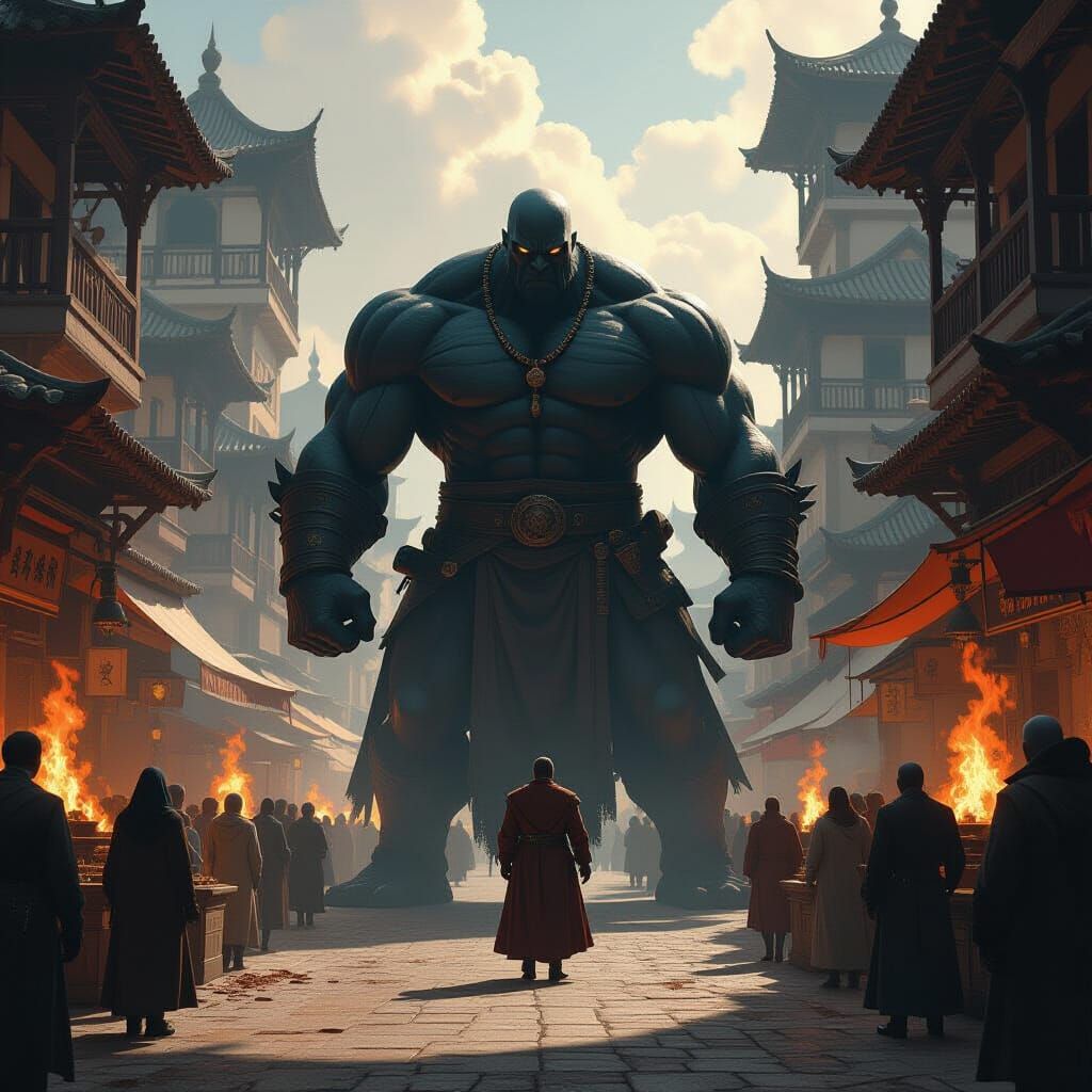 Ominous Henchman Looms Over Guillotine in Fiery Marketplace