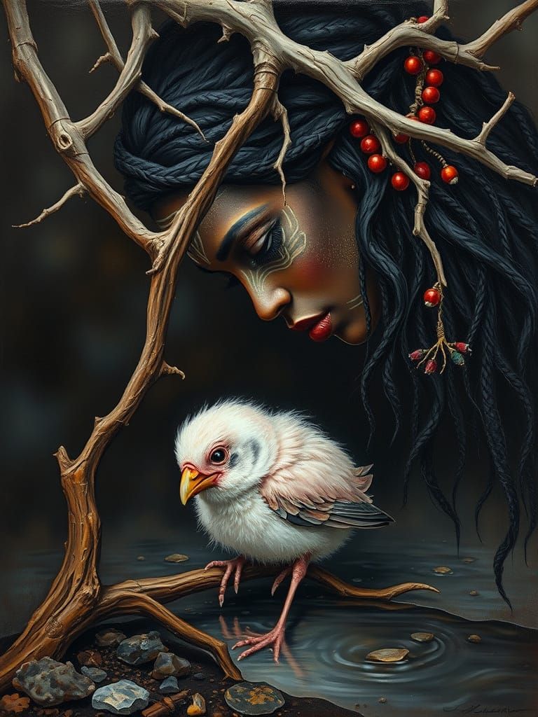 Vulnerable Baby Bird and Tribal Woman Acrylic Painting