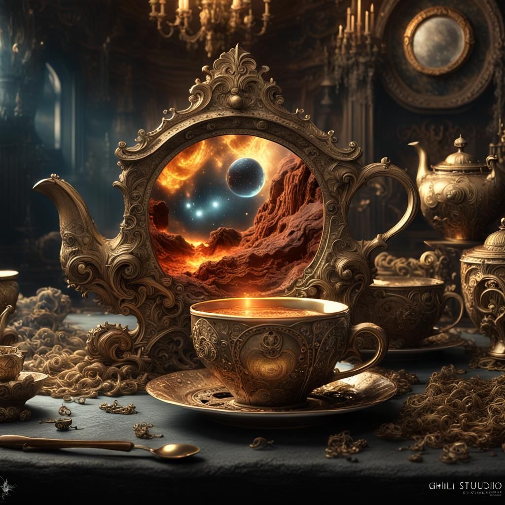 Steampunk Rococo Teacup in a Ghibli-esque Nebula