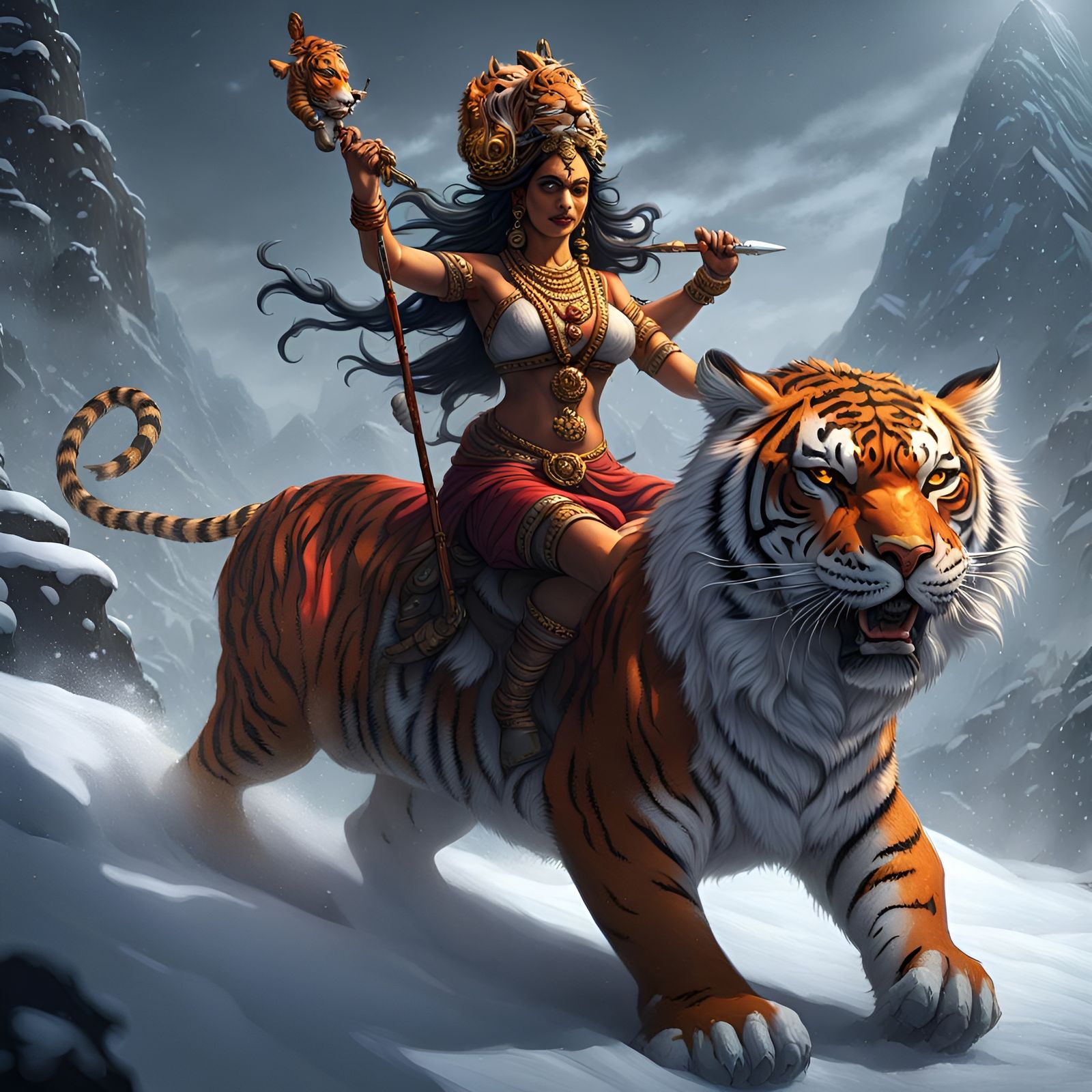 Goddess Kalaratri on Tiger in Snow, Digital Art