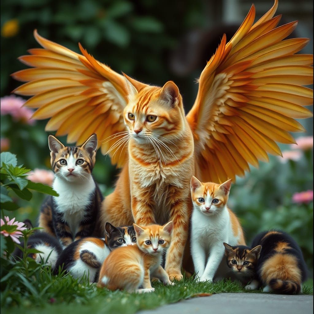 Winged Ginger Cat Watching Kittens in Mansion Garden