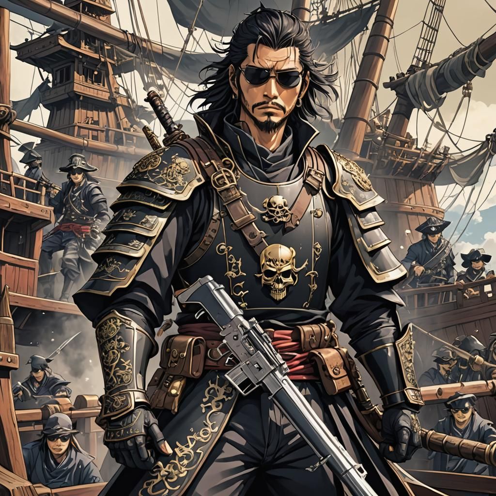 Samurai Warrior on Pirate Ship in Anime Style