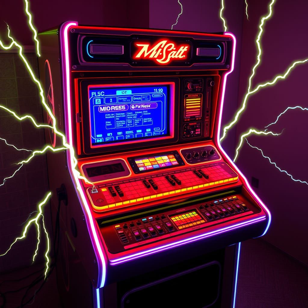 Retro-Futuristic Neon Music Machine with 8-bit Graphics