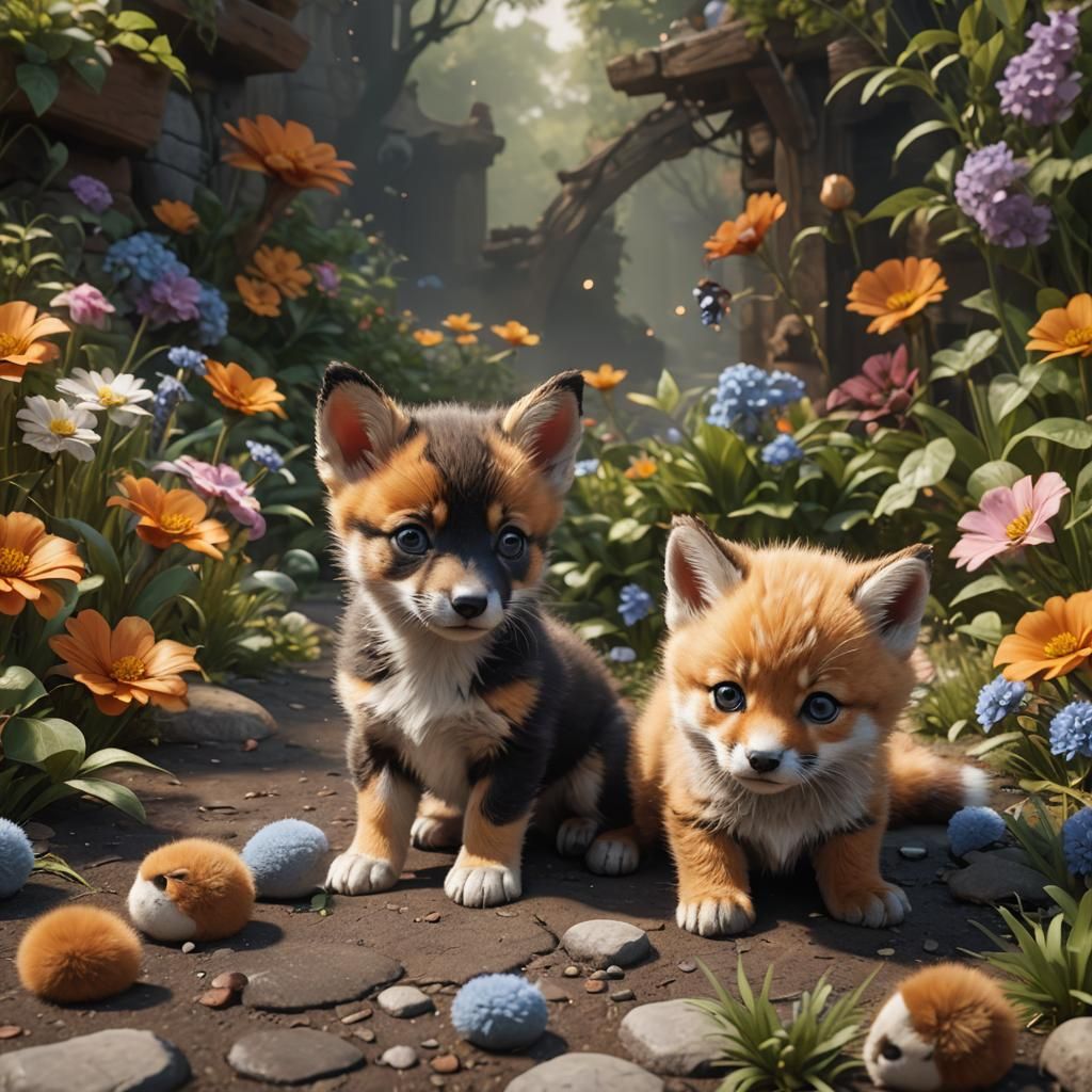 Puppy, Kitten, and Fox as Fantasy Concept Art
