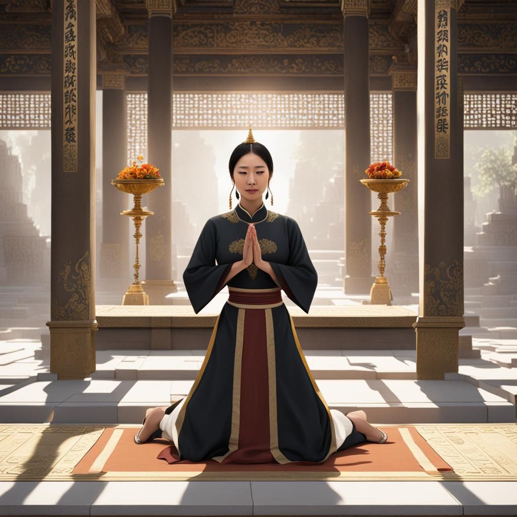 Happy Servant Kneeling at Temple Altar