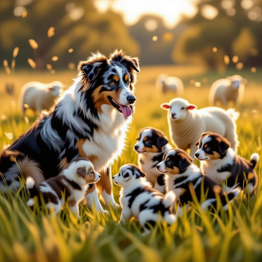 Australian Shepherd Teaches Puppies Herding Sheep