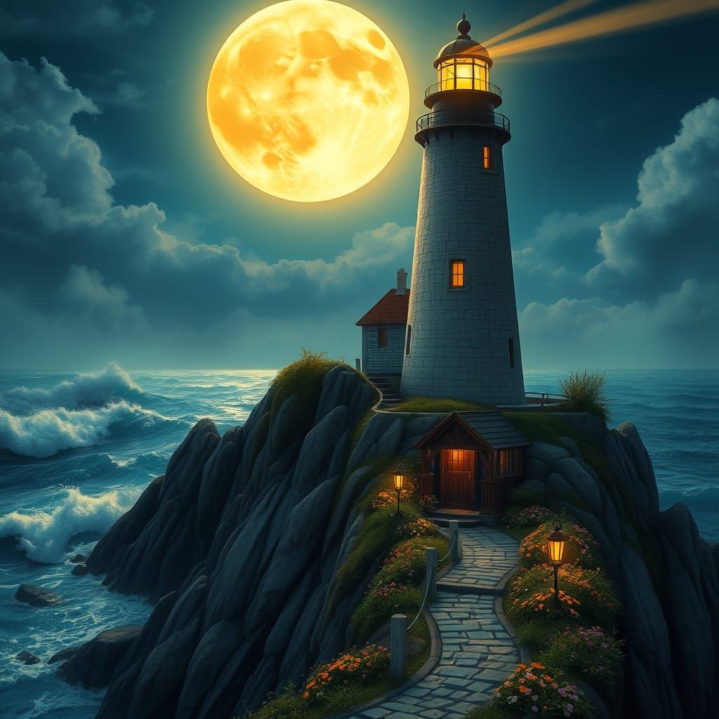 Moonlit Lighthouse Amidst Whimsical Tides