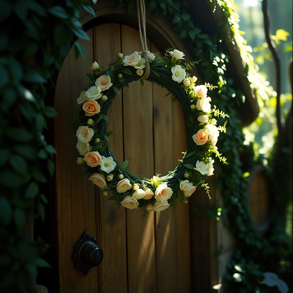 Fairy House Floral Wreath in Whimsical Forest Landscape