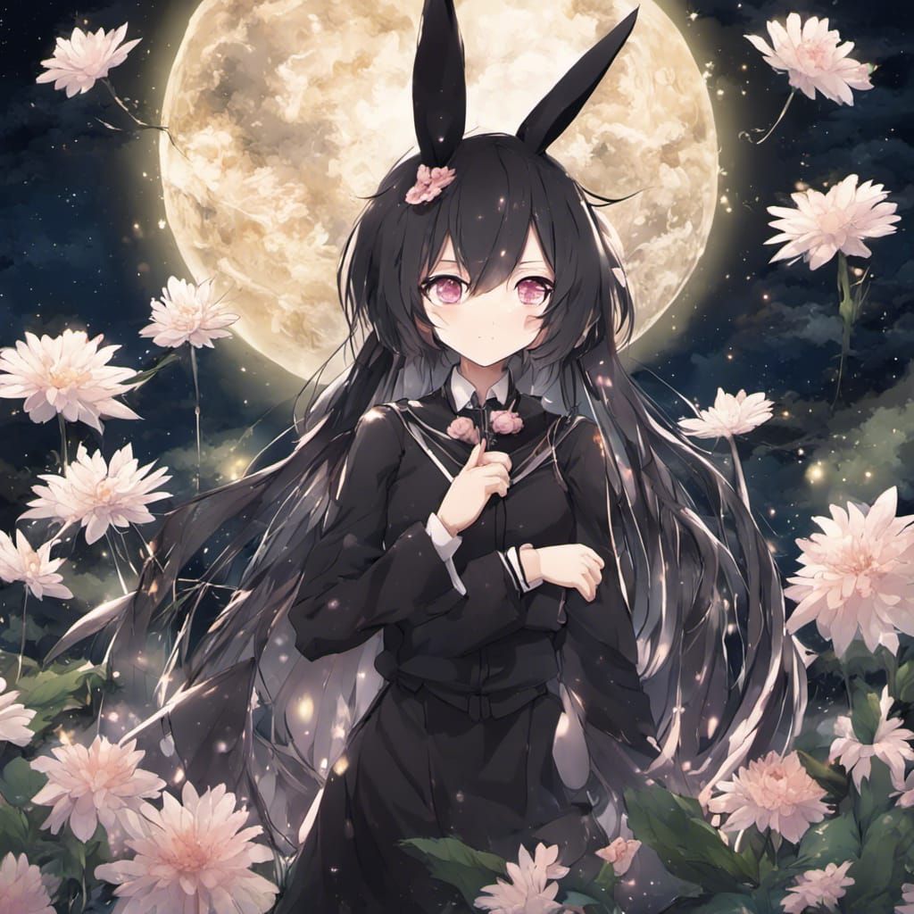 Black Rabbit in Starry Flower Field: Anime Style