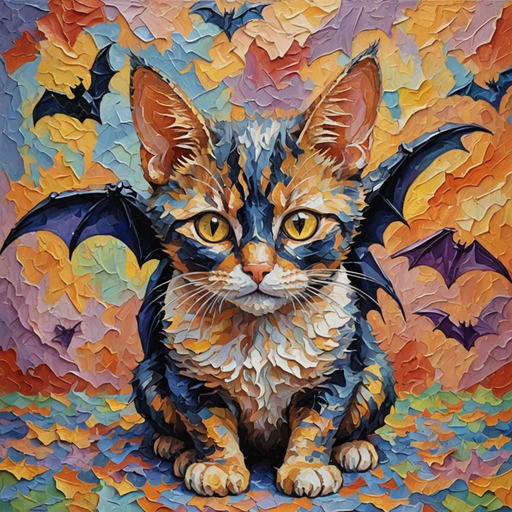 Cat in Bat Costume: An Expressionist Impasto Painting