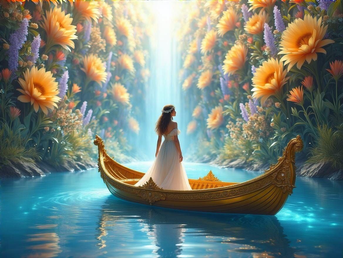 Ethereal Woman in Golden Boat with Wildflowers