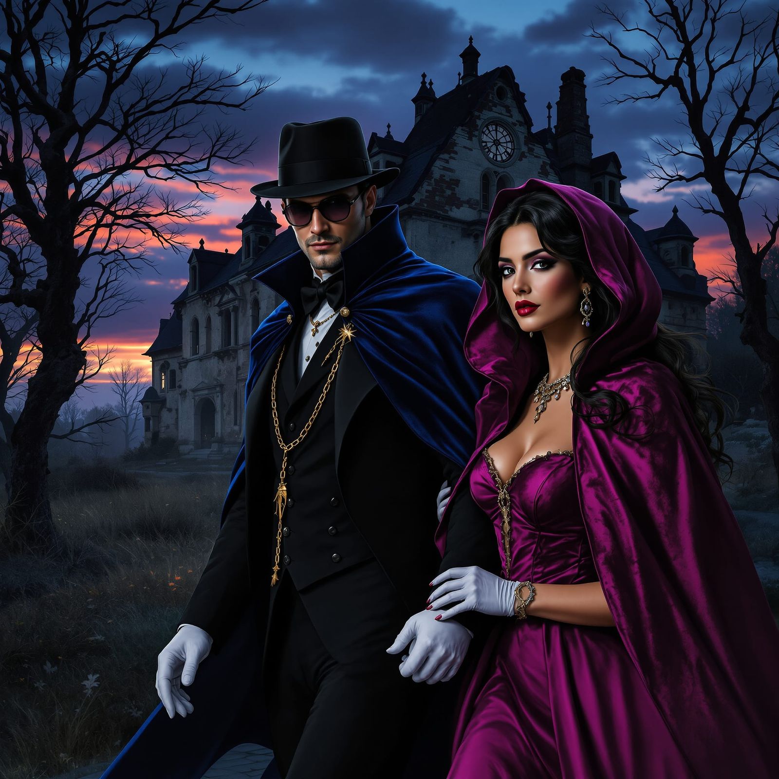 Mysterious Man and Woman Beside Old Mansion at Twilight