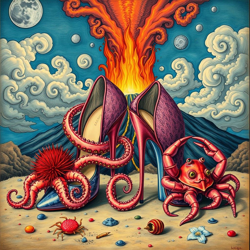 Surreal Whimsy: Engraving Style Octopus Entwines Stiletto He...