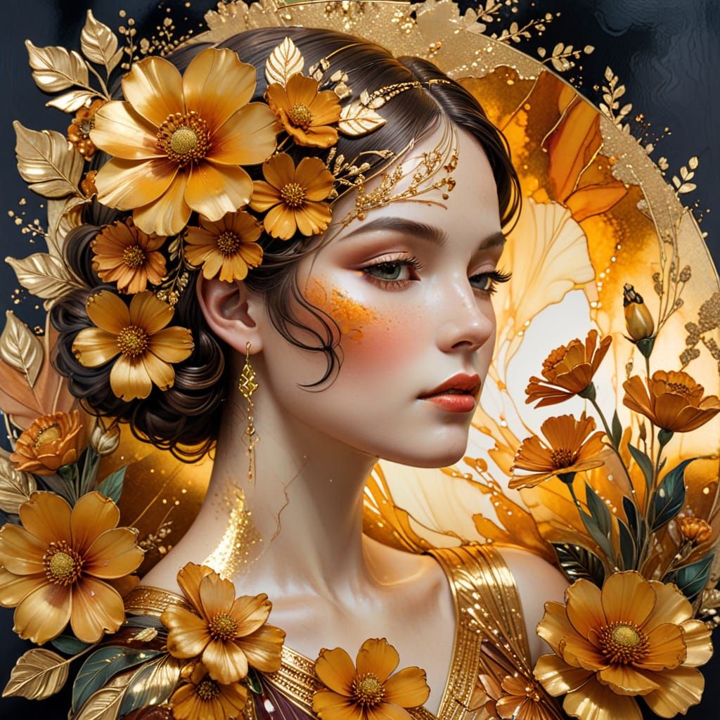 Art Deco Woman Portrait in Gold and Amber