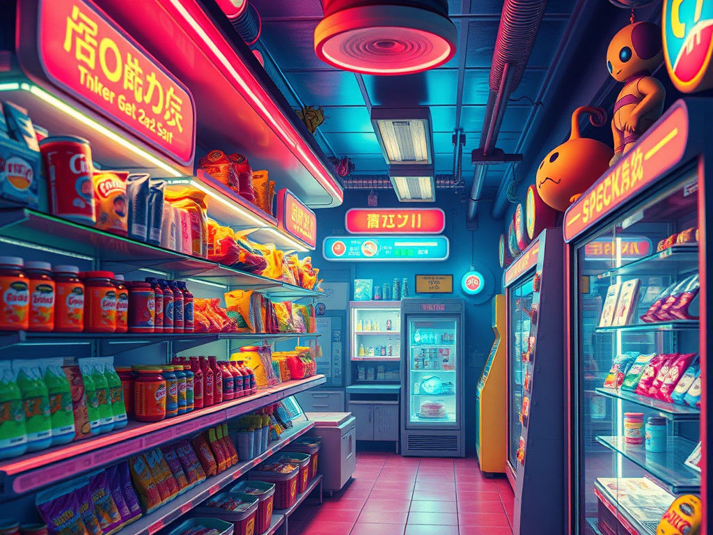 Retro-Futuristic Alien Convenience Store in Manga Style