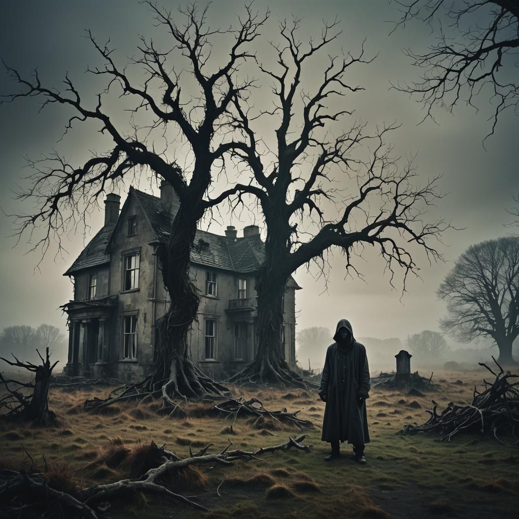 Eerie Ghost Haunts Abandoned Manor in Surreal Style