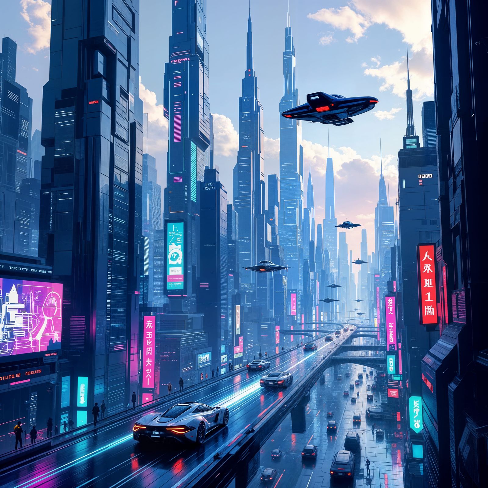 Futuristic Cityscape of 2080 with Flying Cars