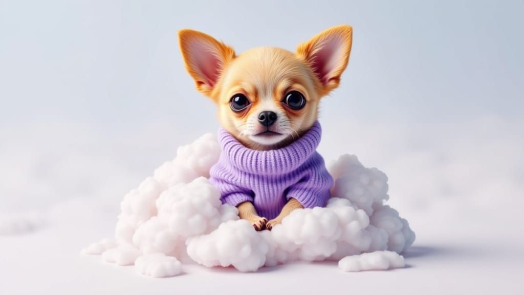 Blonde Chihuahua in Clouds, Hyperrealistic Digital Art