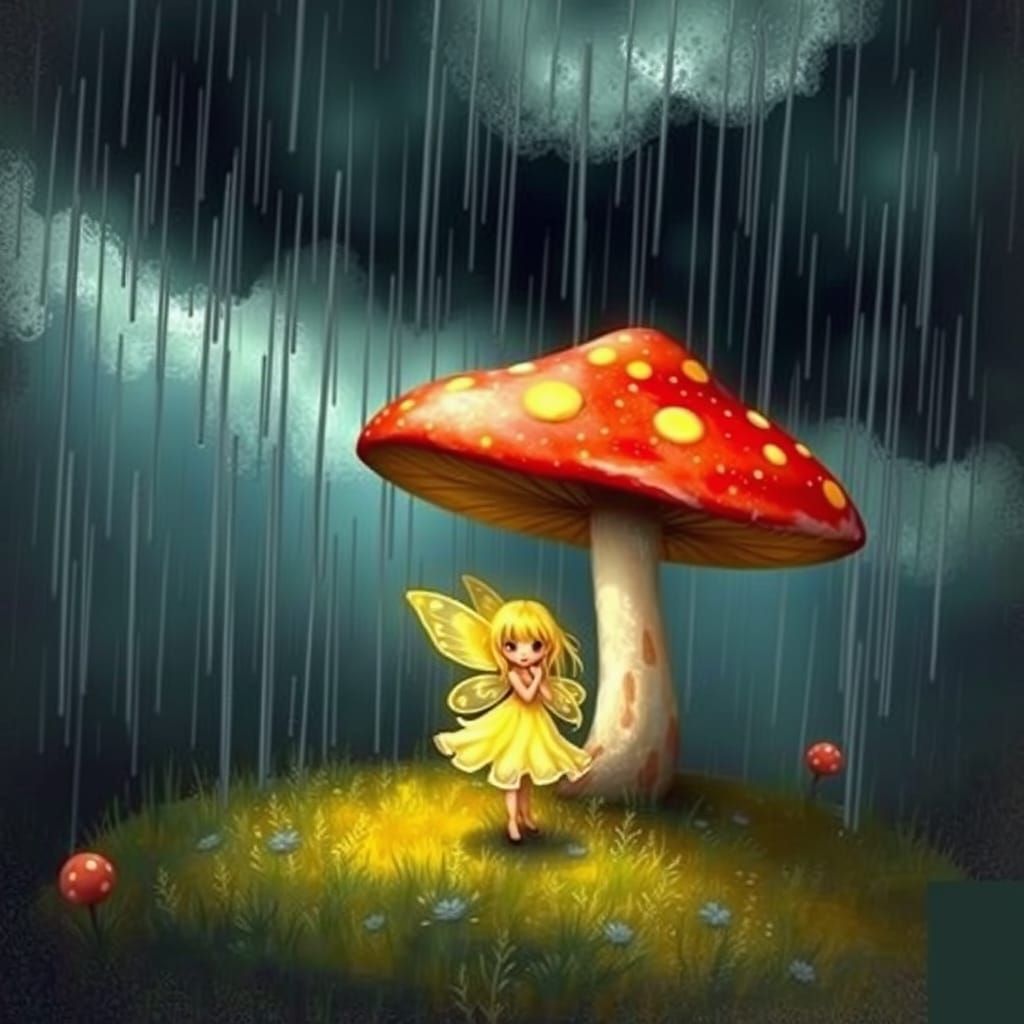 Whimsical Fairy in Red and White Mushroom Glows Amidst Dark ...
