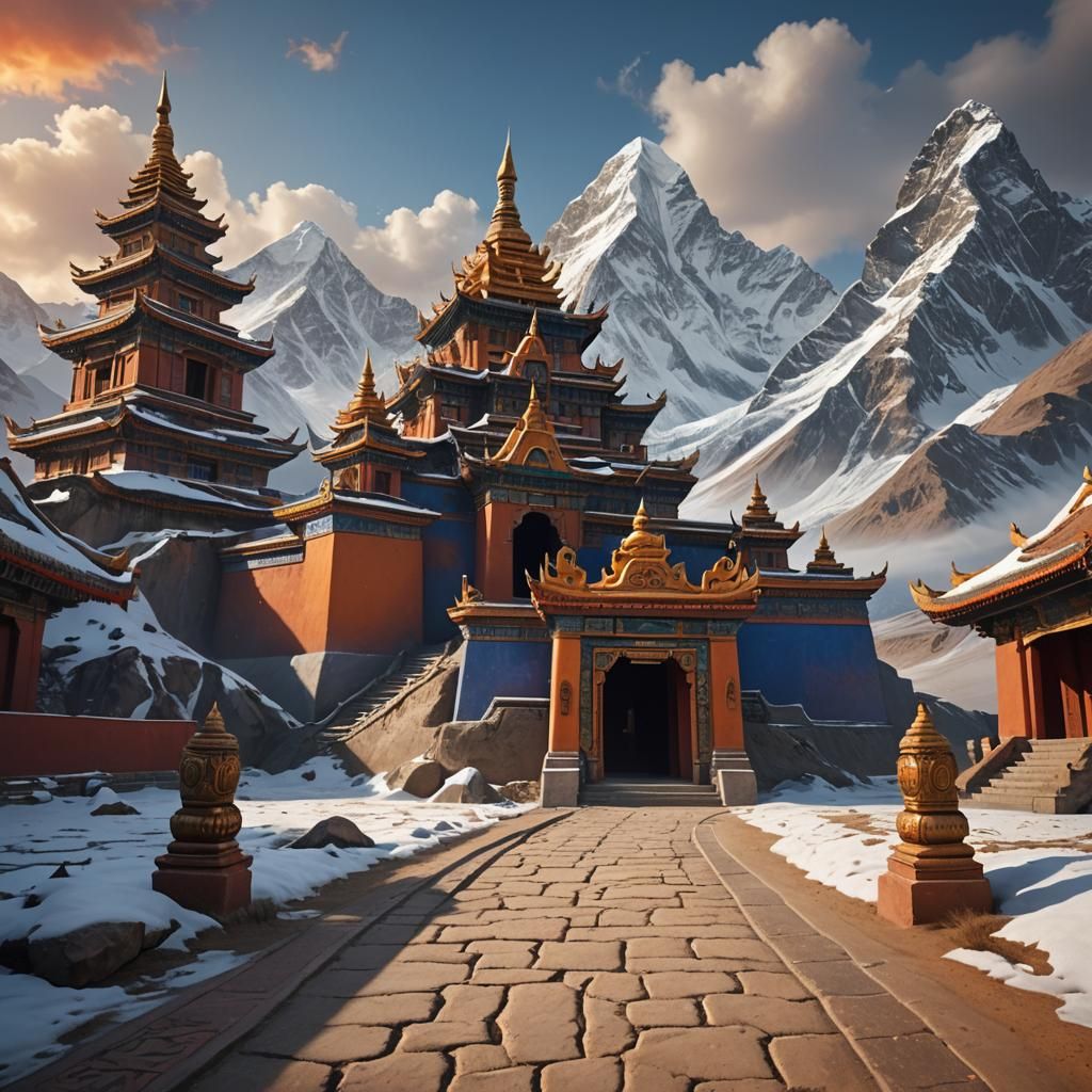 Surreal Tibetan Temple Entrance with Mystical Himalayan Land...