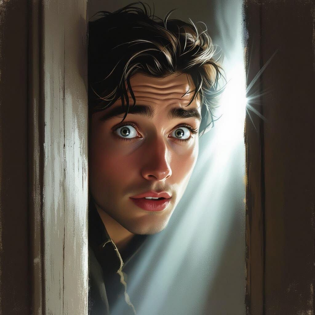 Awe-Struck Face Peeking Through Doorway in Ethereal Light