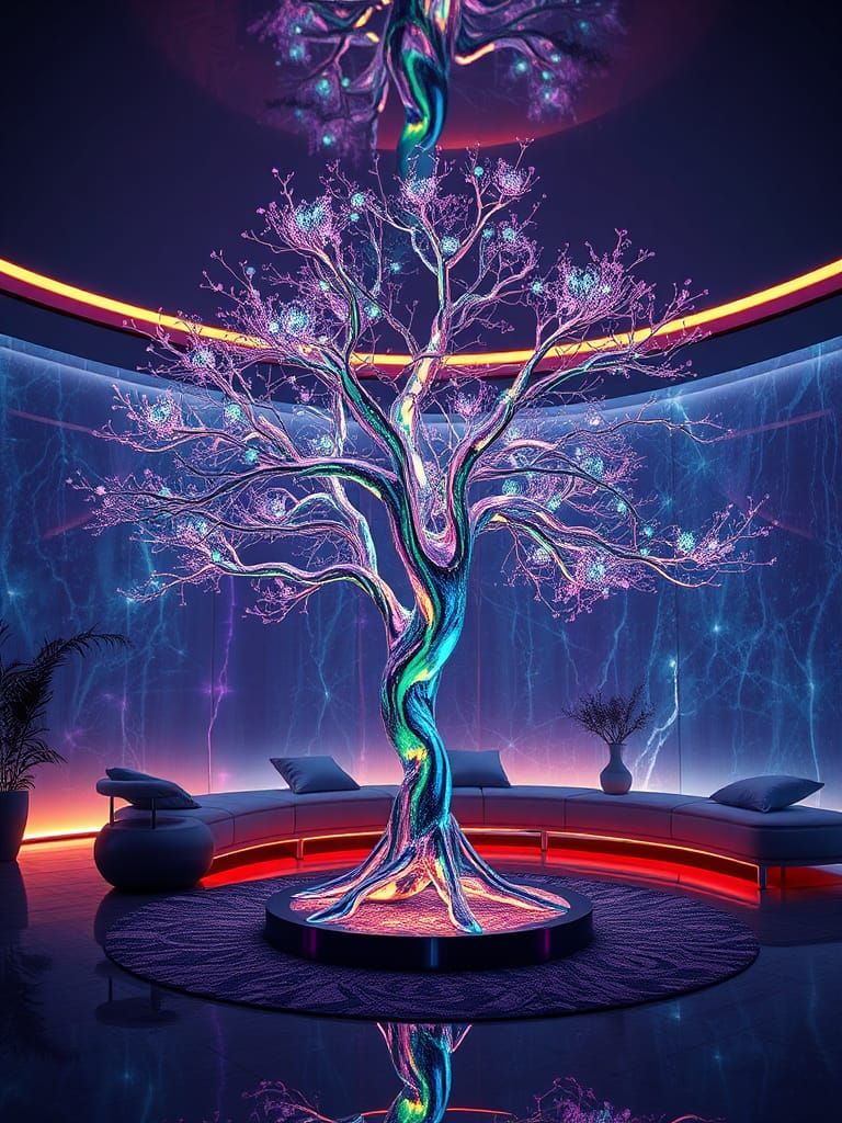 Futuristic Living Room with Iridescent Tree Lamp
