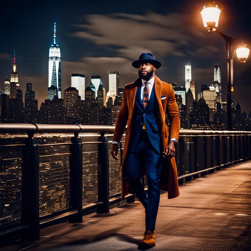 Debonair Man in Navy Suit Walks NYC at Night