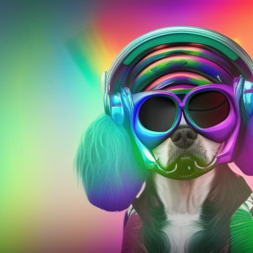 Dog DJ with Rainbow Mask: Detailed Fantasy Art