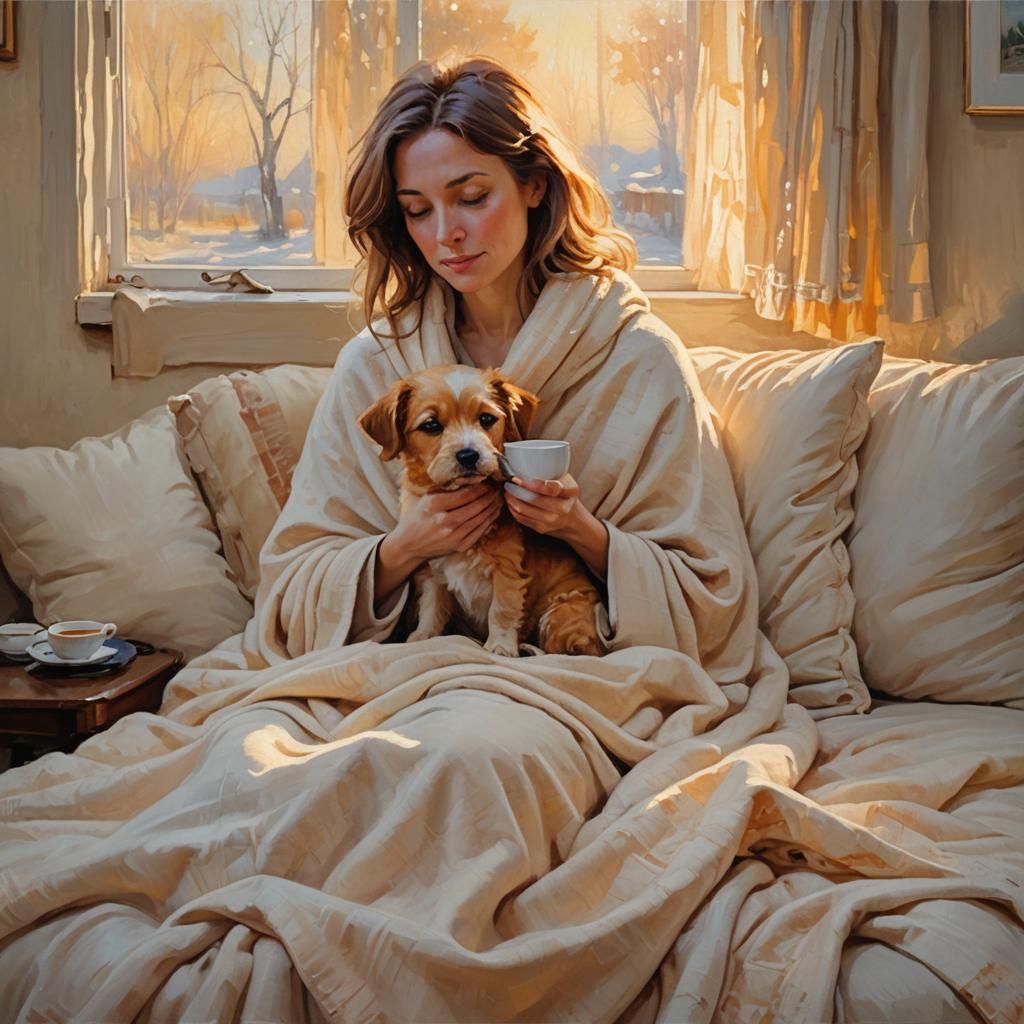 Cozy Impressionistic Scene with Woman, Dog, and Tea
