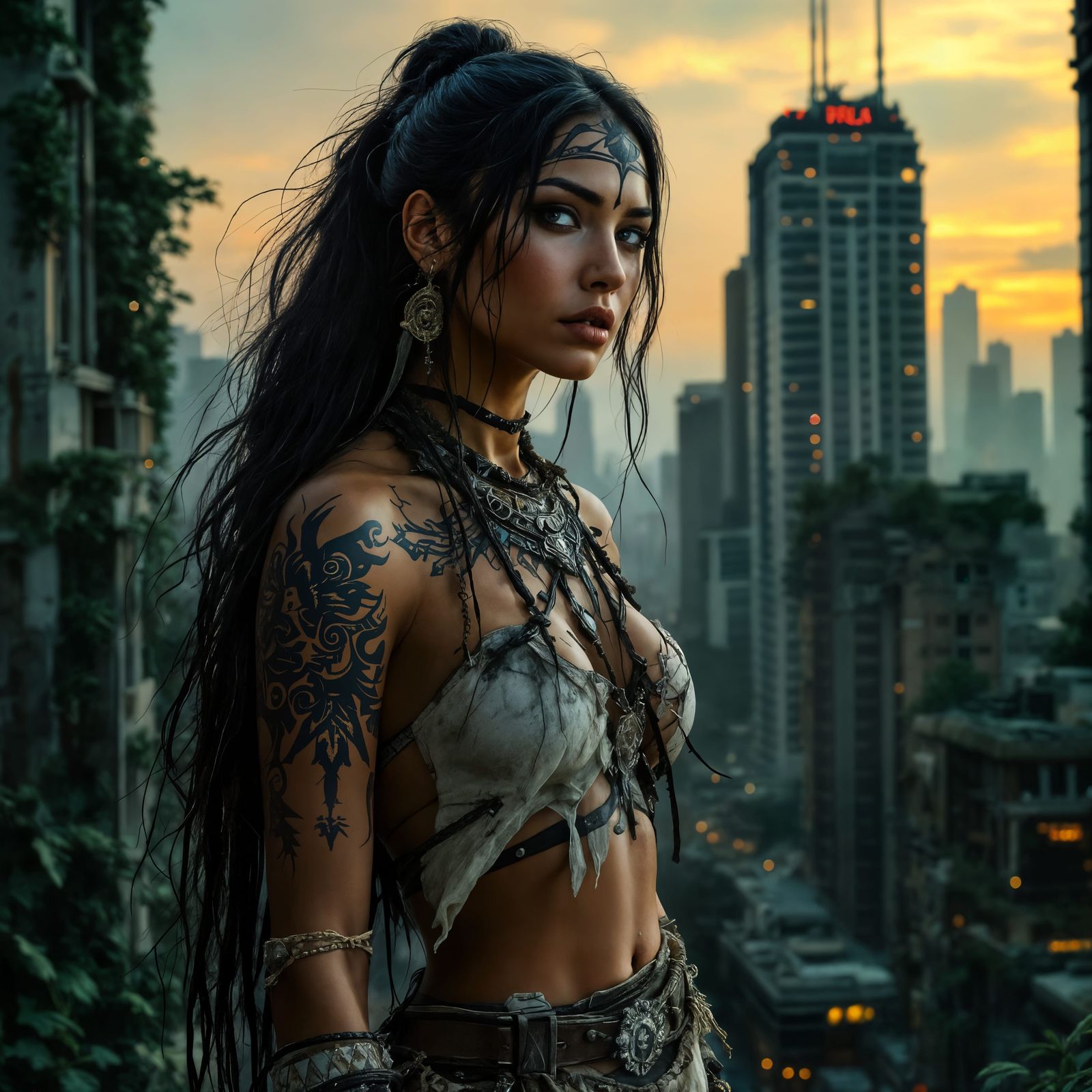 Native American Woman in Post-Apocalyptic Cityscape