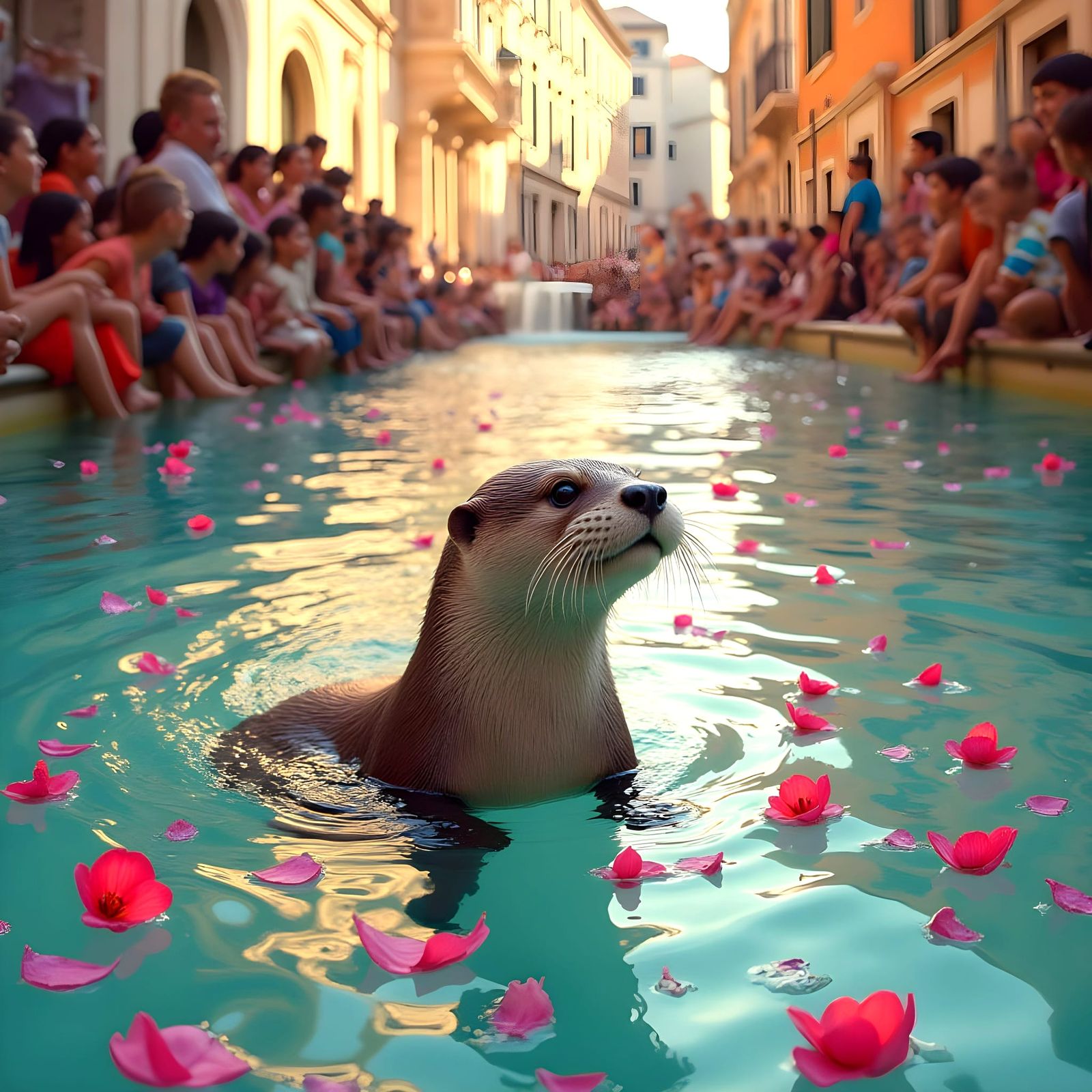 Romantic Trevi Fountain Scene with Otter and Vibrant Blooms