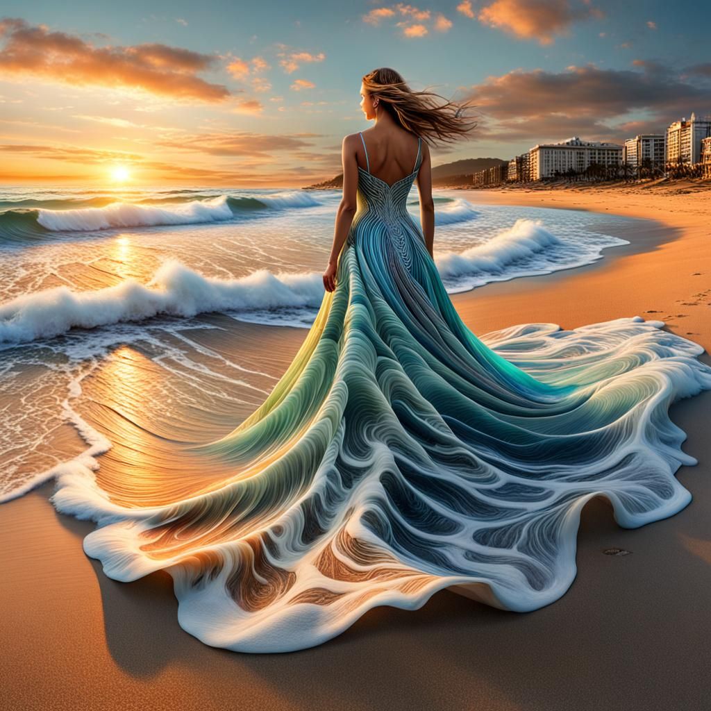 Sunset Seafoam Waves Create Sand Art Panorama