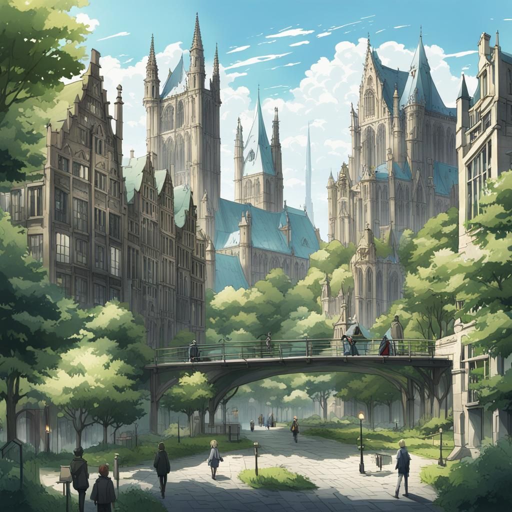 Futuristic Ghent with Green Spaces in Anime Style