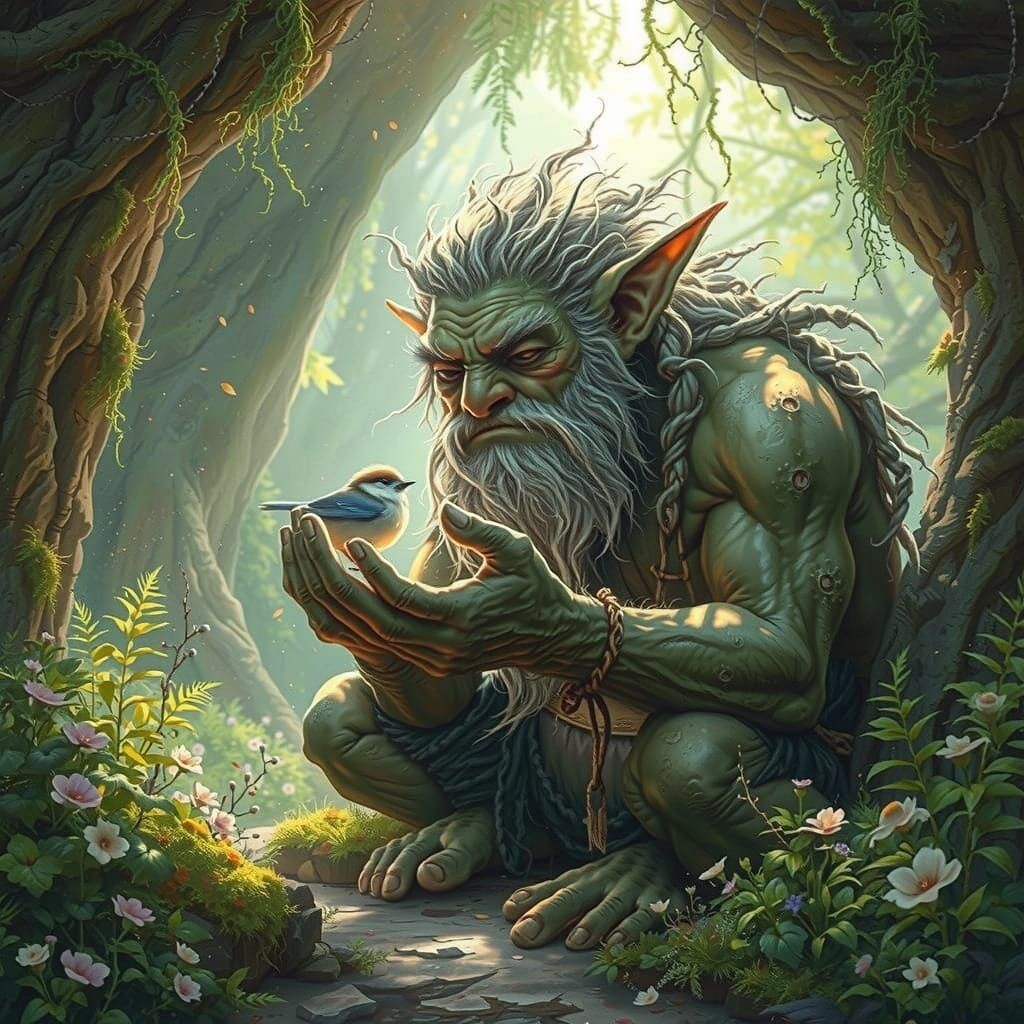 Gentle Troll and Fledgling Songbird in Grotto