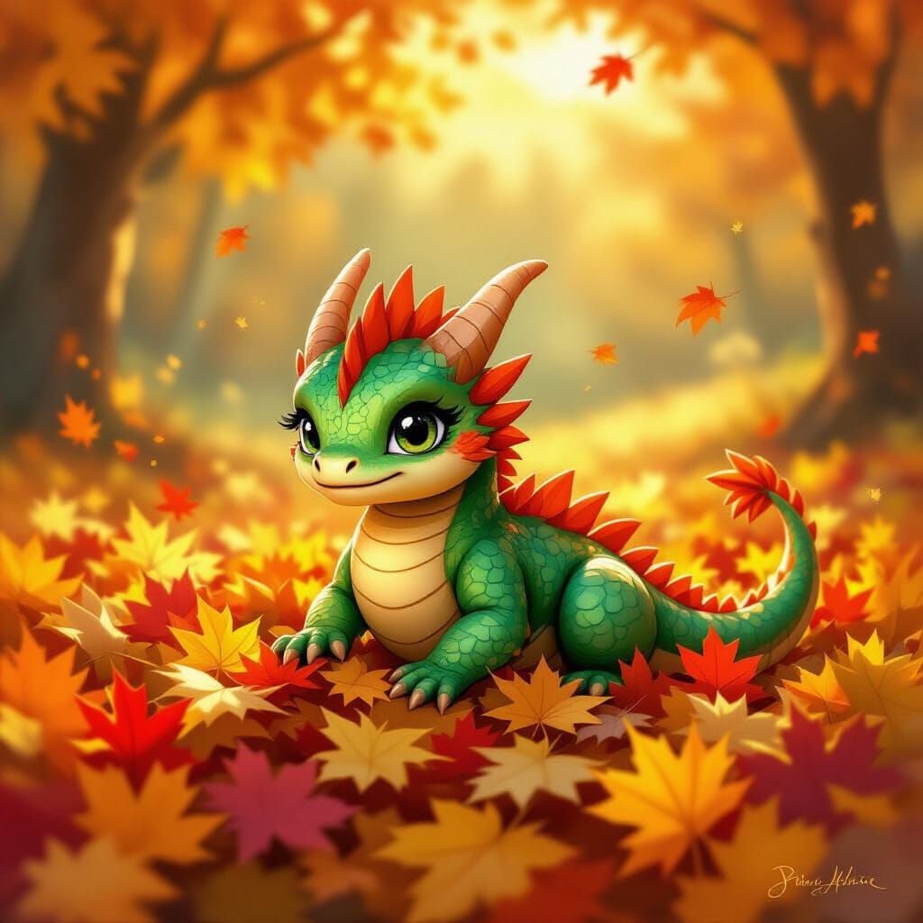 Adorable Baby Dragon Playing in Autumn Leaves