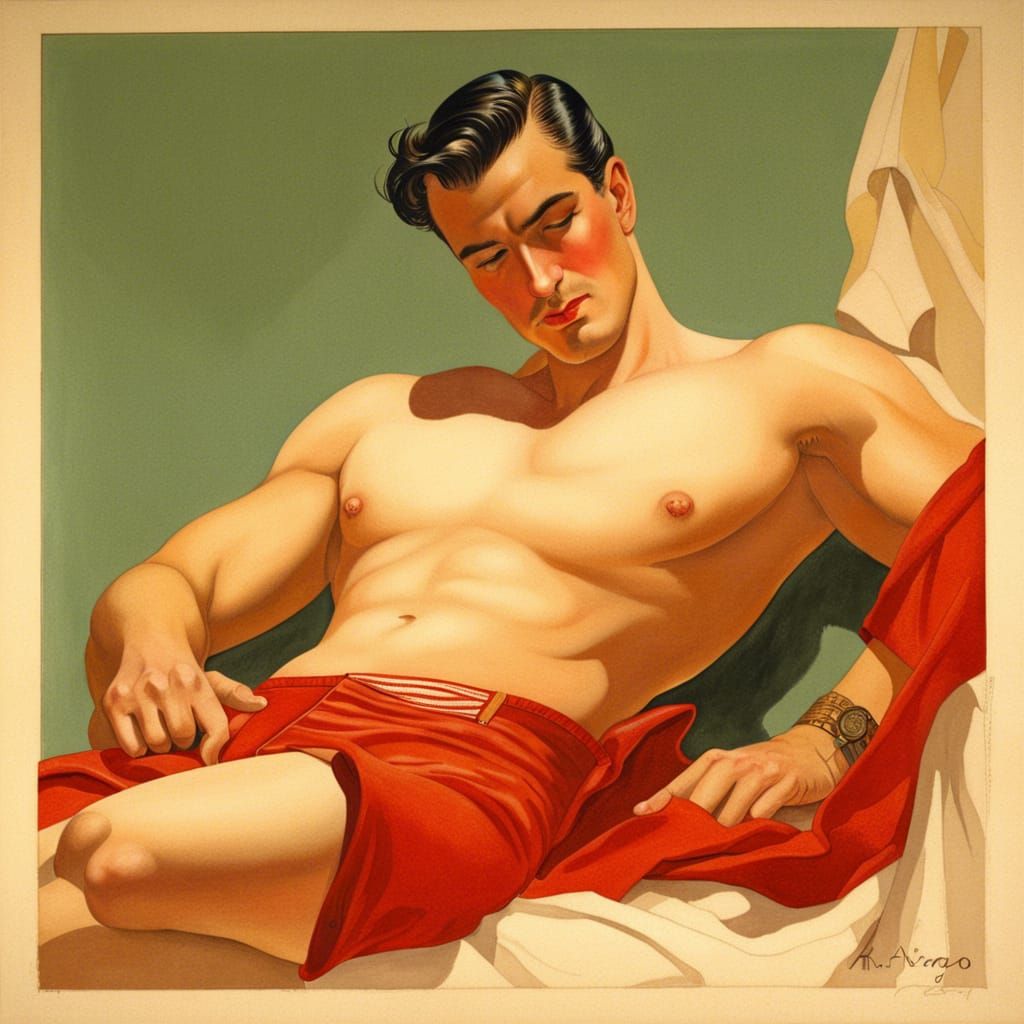 Reclining Man in Red Underwear, Vargas Style Painting