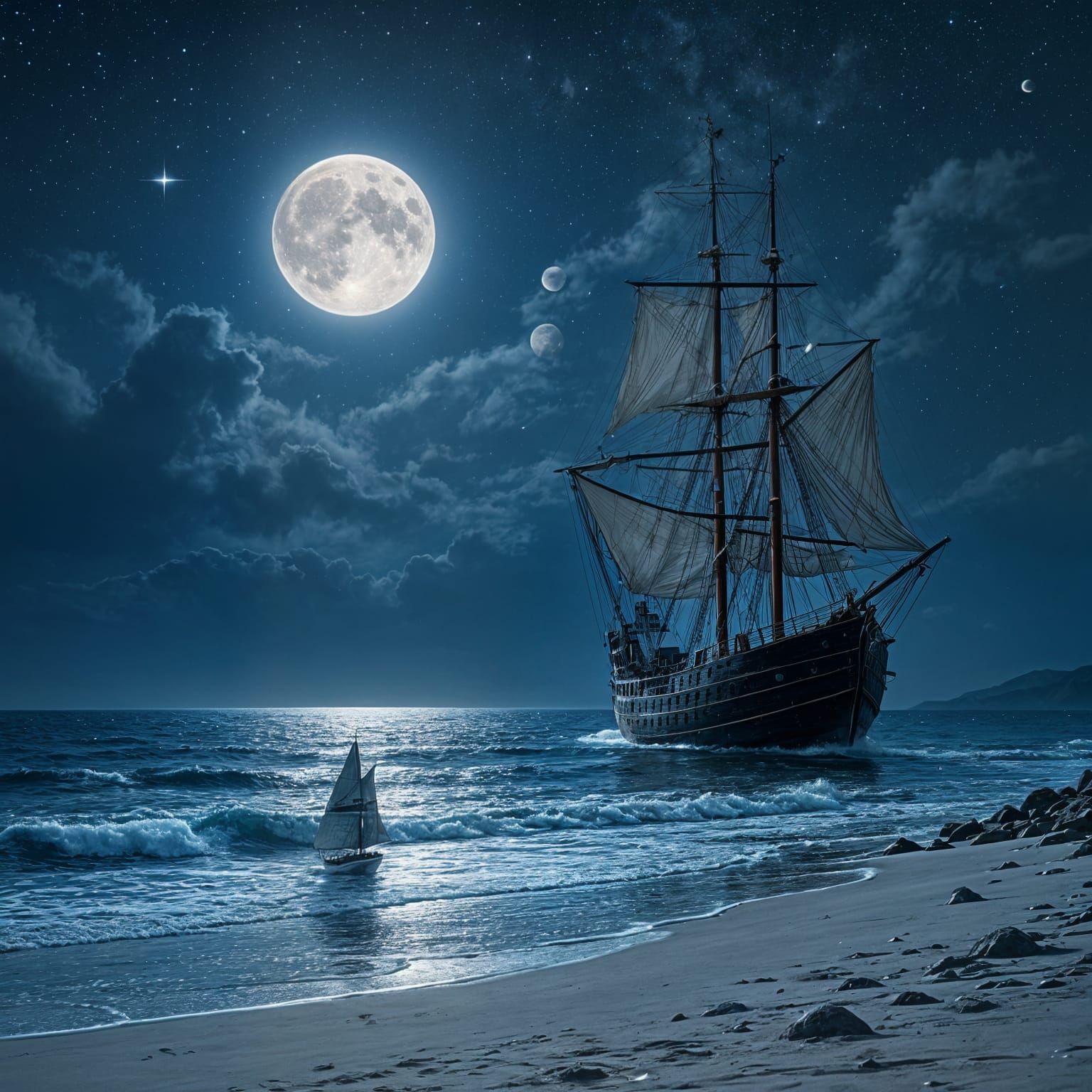 Ghost Ship Silently Glides By Moonlit Beach
