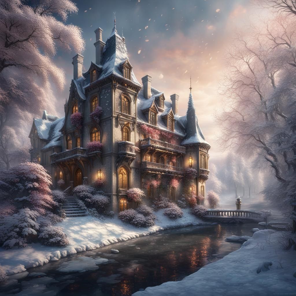 Snowy Manor with Floral Explosion: Detailed Matte Painting