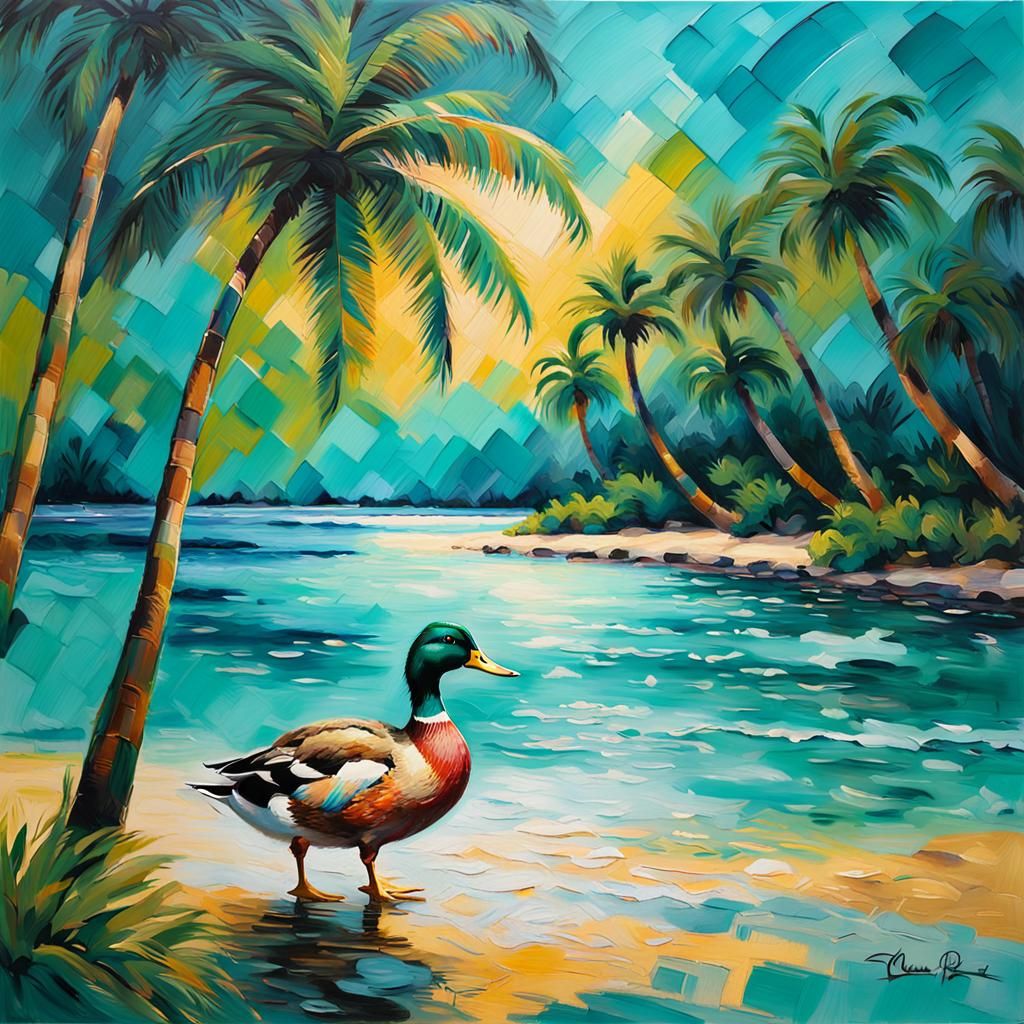 Duck on Tropical Beach in Impressionist Style