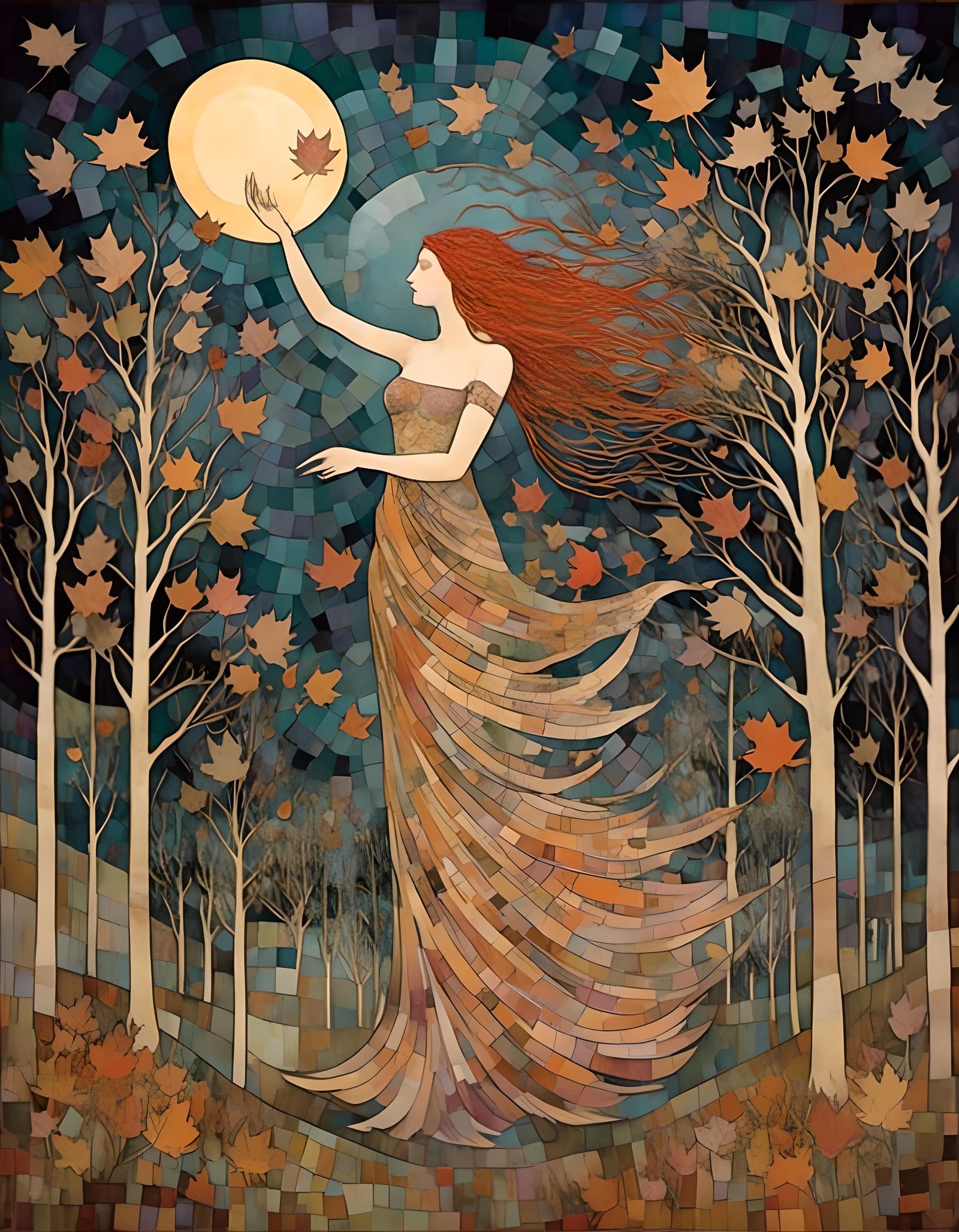 Pagan Triple Goddess Under a Pentagram Moon