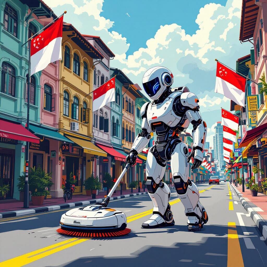 Robot Sweeping Singapore Street in Stylized Illustration