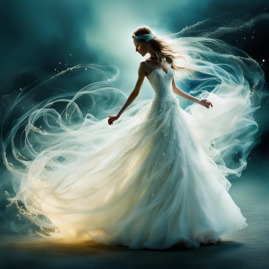 Bioluminescent Bride Disintegrating into Holographic Smoke