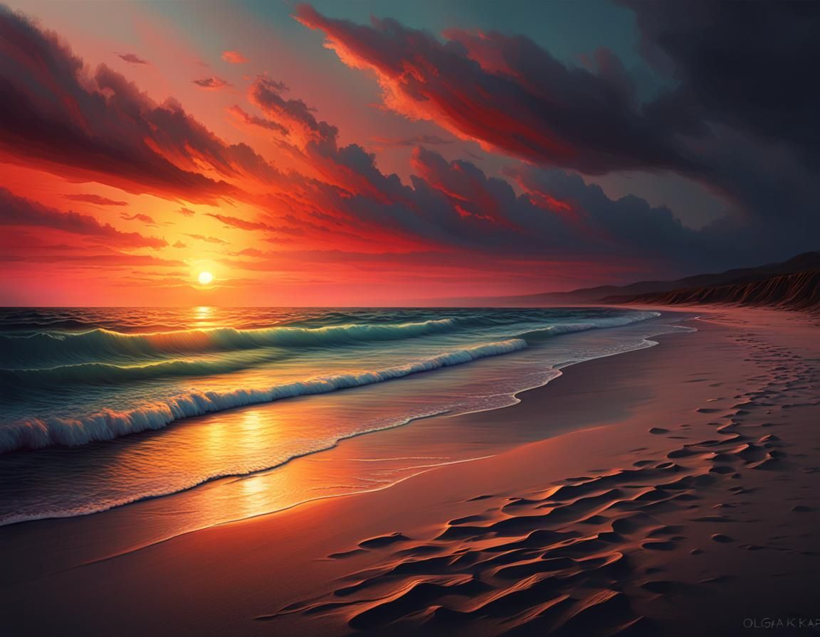 Eerie Sunset Beach Landscape in Digital Art