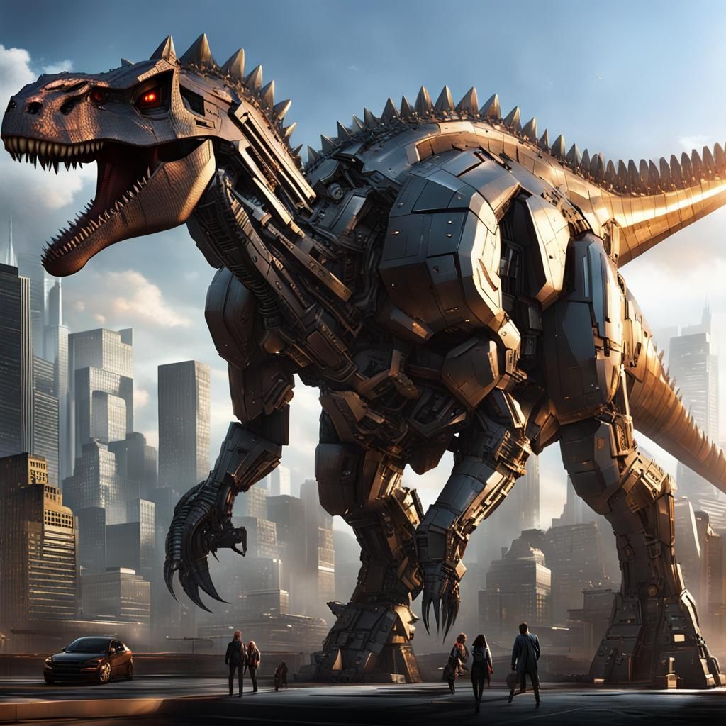 Mechasaurus Unleashed in Futuristic City, Hyperdetailed Art