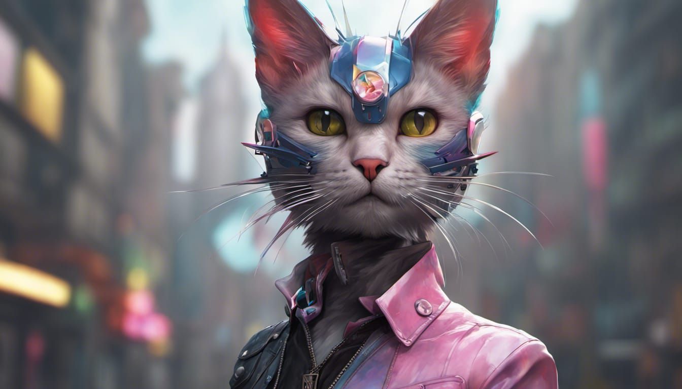 Hyperdetailed Punk Cat Portrait in Triadic Colors