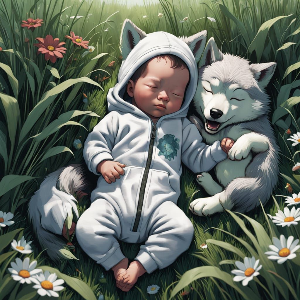 Serene Baby Wolf Boy in Lush Field