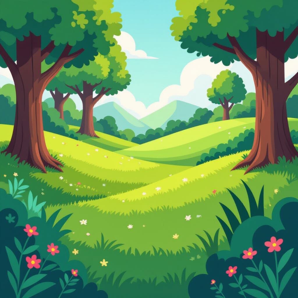 Teal Grass Landscape in Cartoon Style