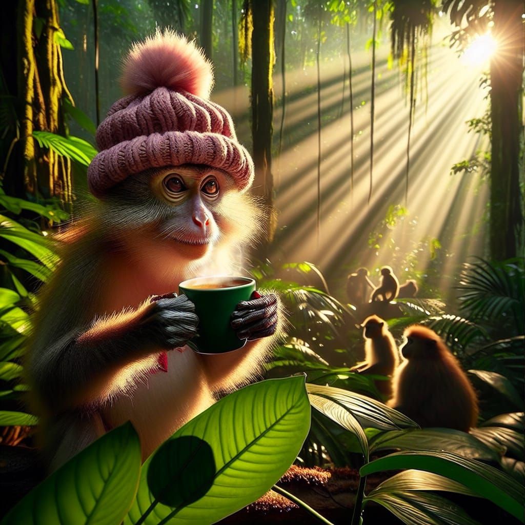 A comical monkey, proudly standing in the lush greenery of the jungle, with dawn's light casting long, dramatic shadows....