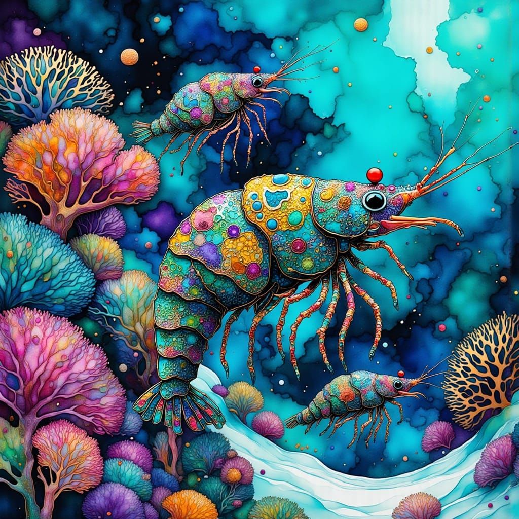 Peacock Shrimp in Vibrant Coral Reef, Whimsical Ink Style