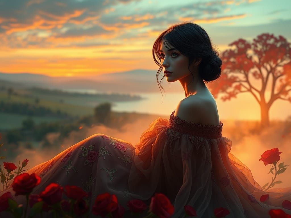 Melancholic Woman in Dreamlike Rose Garden